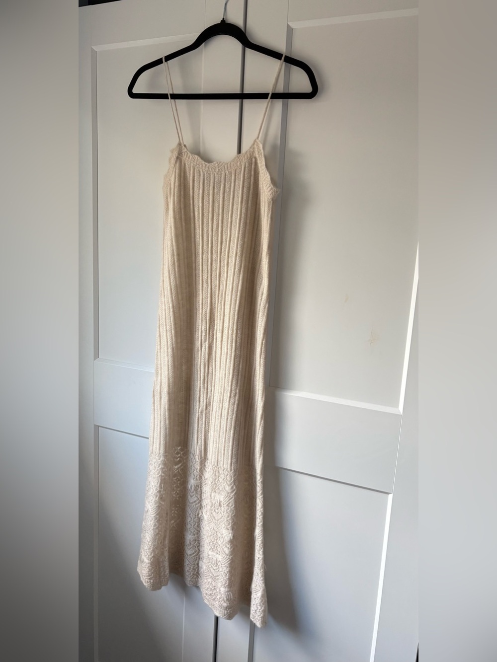 Zara Cream Ribbed Knit Slip Dress with Lace Trim, Size M/L